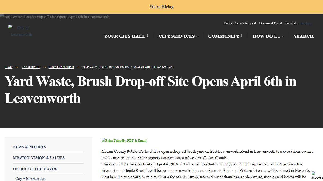 Yard Waste, Brush Drop-off Site Opens April 6th in Leavenworth – City of Leavenworth